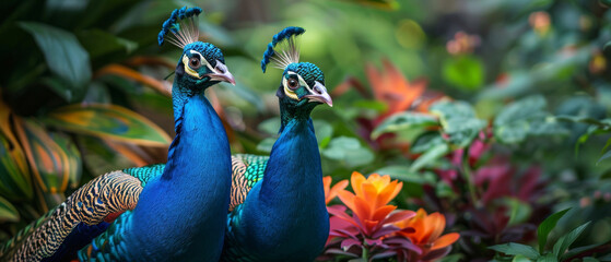 Peacocks displaying their vibrant feathers in a lush garden, confidence and attraction - obrazy, fototapety, plakaty