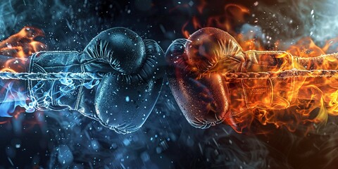 Fire meets ice in the boxing ring, a fighters gloves embodying the extremes of passion and precision - obrazy, fototapety, plakaty