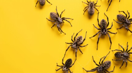 Funnel-web spiders on a yellow background. Dangerous insect.