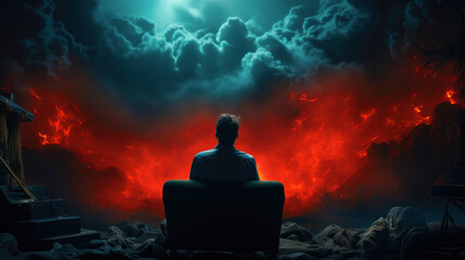 Lonely survivor in a chair, with a city engulfed in flames in the background, symbolizing the last person left after the apocalypse, facing an uncertain world devoid of civilization and hope.