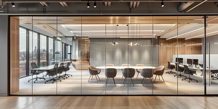 Glass walls encapsulate a space where minimalism and modern design converge in an office of the future