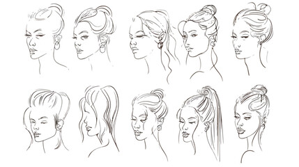 Continuous line drawing of set faces and hairstyle fas