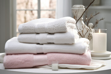Fototapeta na wymiar A set of freshly laundered towels in various colors and sizes, soft and fluffy, perfect for bathroom or spa use, bringing comfort and luxury to the environment.