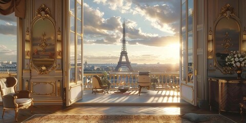 Morning light spills over a room with a view of the Eiffel Tower, Parisian elegance at its finest - obrazy, fototapety, plakaty
