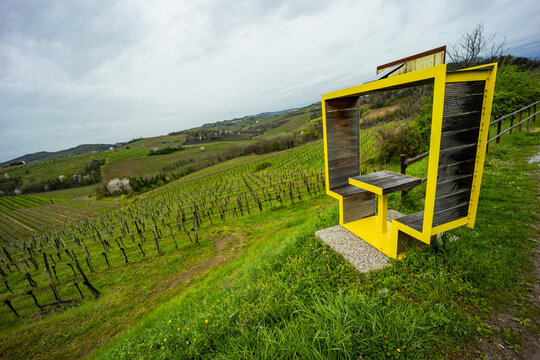 Panoramic view of the Collio hills, Cormons, between Gorizia and Nova Gorica. European Capital of Culture 2025. Typical local products vineyards and wines. Spot for picnic on top the hill.