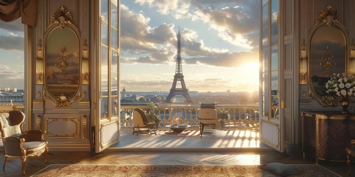 Morning light spills over a room with a view of the Eiffel Tower, Parisian elegance at its finest