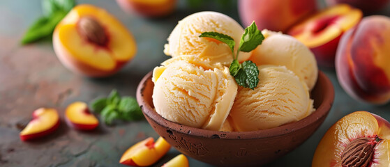 Scoop of vanilla ice cream melting over sliced peaches, summer delight