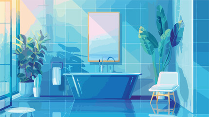 Corner of a blue bathroom interior with a blue bath