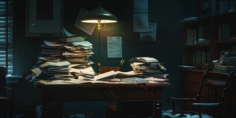 Solitary desk under a lamps halo, drowning in paperwork, the quintessence of latenight diligence - obrazy, fototapety, plakaty
