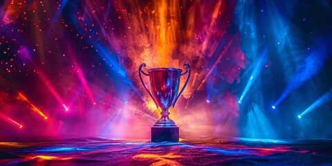 The climax of achievement A trophy center stage, illuminated by victorys radiant lights - obrazy, fototapety, plakaty