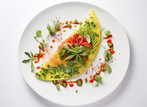 egg omelet with vegetables on a white plate with a white background, in the style of vibrant and lively hues, chicano-inspired, minimalist sets, quantumpunk, grainy, black and white photos,