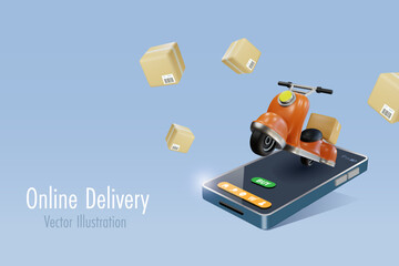 Online shopping and delivery service. Scooter deliver carton box on mobile app. Express home delivery wireless technology. 3D vector.	
