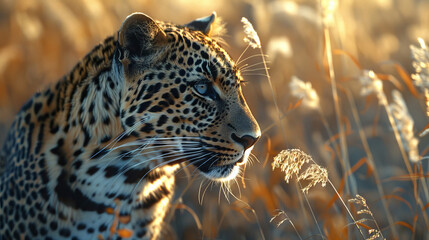 A leopard's spotted fur, savannah grasses softly out of focus, - obrazy, fototapety, plakaty