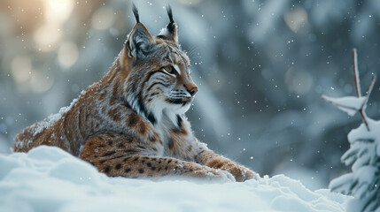 A lynx in the snow, forest backdrop gently blurred, - obrazy, fototapety, plakaty