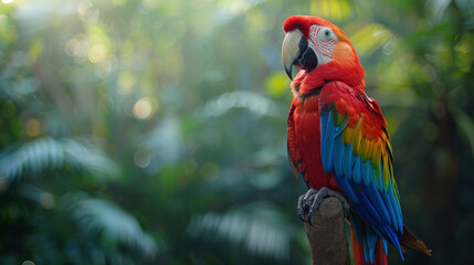 A vivid parrot perched on a branch, tropical forest blurred behind,
