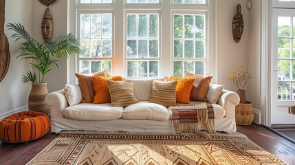 Cozy Living Room with Ethnic Decor and Abundant Natural Light