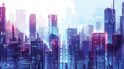 Cyberpunk city background. Bright glowing houses  - obrazy, fototapety, plakaty