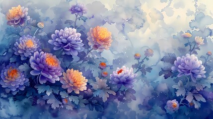 Art watercolor chrysanthemum illustration background poster  - obrazy, fototapety, plakaty