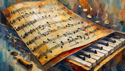 a scene with the textures of aged sheet music, focusing on oil techniques to evoke the nosta....