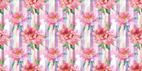 Watercolor rose peony flower abstract stripe - obrazy, fototapety, plakaty