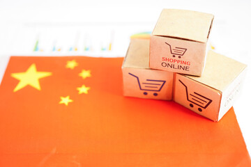 Online shopping, Shopping cart box on China flag, import export, finance commerce.