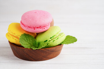 Macaron or french macaroon dessert, cake and cookies on the celebrated birthday.
