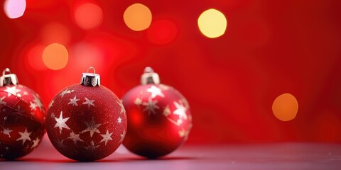Naklejka na ściany i meble Christmas composition of Christmas tree toys on blurred red background