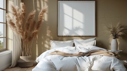 Cozy Bedroom Interior with Natural Light and Fluffy Pampas Grass Decor