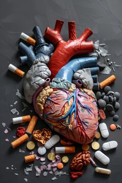 Visualize the impact of Risk Factors on heart health in a stock image, with elements like smoking, high cholesterol, and obesity contributing to CAD