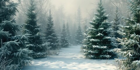 Christmas decorated green spruce trees in winter forest