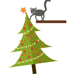 Naughty cat pushing Christmas tree vector icon isolated on white