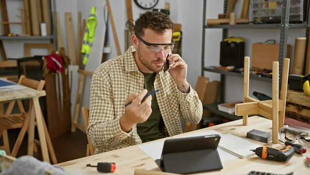 A focused young man with glasses and a beard conducts business on the phone in a well-equipped carpentry workshop