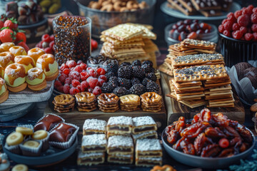 Fototapeta na wymiar Variety of Sweets and Pastries on Rustic Table.