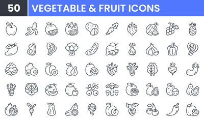 Vegetable and Fruit vector line icon set. Contain linear outline icons like Apple, Orange, Tomato, Potato, Carrot, Grapes, Mango, Spinach, Broccoli, Cucumber, Lemon, Garlic. Editable use and stroke.