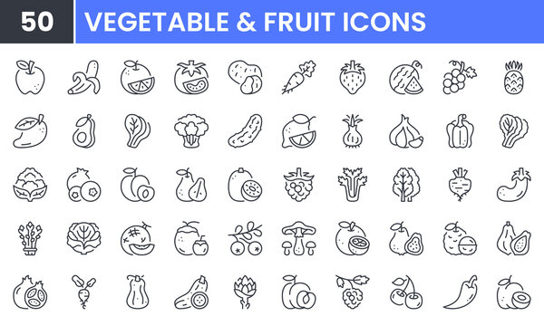 Vegetable and Fruit vector line icon set. Contain linear outline icons like Apple, Orange, Tomato, Potato, Carrot, Grapes, Mango, Spinach, Broccoli, Cucumber, Lemon, Garlic. Editable use and stroke.