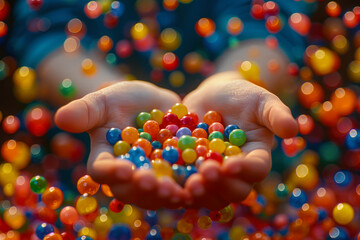 Child's Hands Full of Rainbow Gumballs.