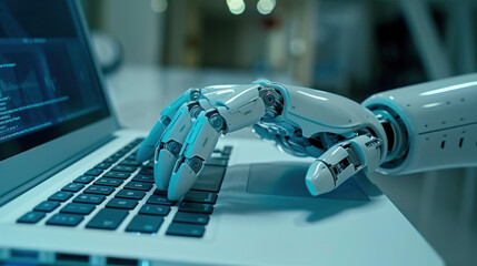 A robot is using its robotic hand to type on a laptop keyboard in a room