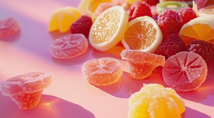 fruits gummies | delicious confectionery | gummy, sweet gummies | gummy food | gummy candy | snack | eat | drink |, in the style of focus stacking, delicate washes, werkstÃ¤tte, translucent planes, 