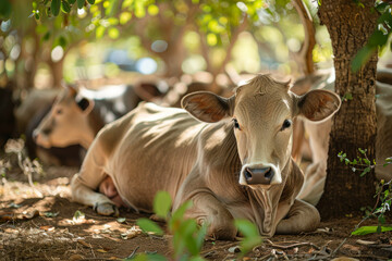 Calm Cow Resting Under Tree Shade.