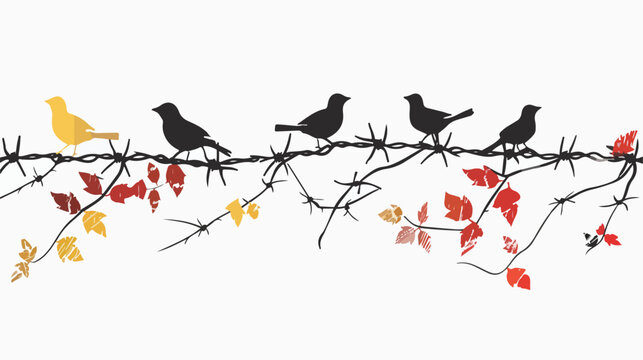 Barbed wire and birds. Vector images. Flat vector 