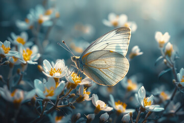 White Butterfly on Blooming Flowers at Dusk.