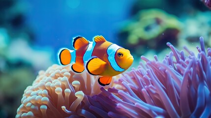 Naklejka na ściany i meble Anemone fish with beautiful colors live in the sea