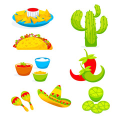 A set of vector images on the theme of Mexican cooking, tacos, sauces, nachos, chili peppers, sambrero, cactus, lime, maracas in cartoon style.