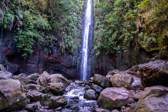 The photo shows a waterfall in the middle of a forest in Madeira. Water cascades down from a great height along a rocky cliff. In the background, dense forest with tall trees and lush vegetation is 