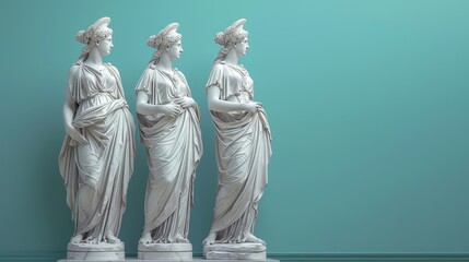 Three statues of women are standing next to each other