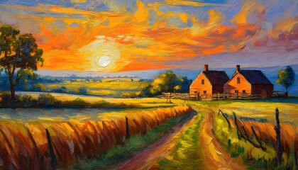 Create a vintage-inspired oil painting of a rural farmstead at sunset, incorporating warm. Generative AI. - obrazy, fototapety, plakaty