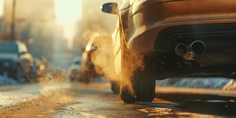 A car's exhaust pipe emits smoke on a sunlit street. - obrazy, fototapety, plakaty