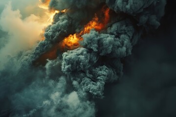 Billowing smoke and fire backlight by a stormy sky. - obrazy, fototapety, plakaty
