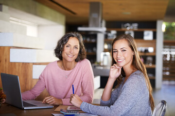 Portrait, cafe and business people with laptop, women and teamwork with creative project or copywriting. Face, manager or personal assistant with computer or startup with cooperation or collaboration