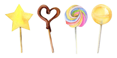 Candy lollypop chocolate stick watercolor drawing set. Star heart sweet suckers sugar pops treat. Confection drop bonbon tea. Sugar bakery tasty dessert decoration isolated on white background
